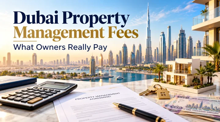 Dubai property management fees: calculator, house model and piggy bank on a blue background