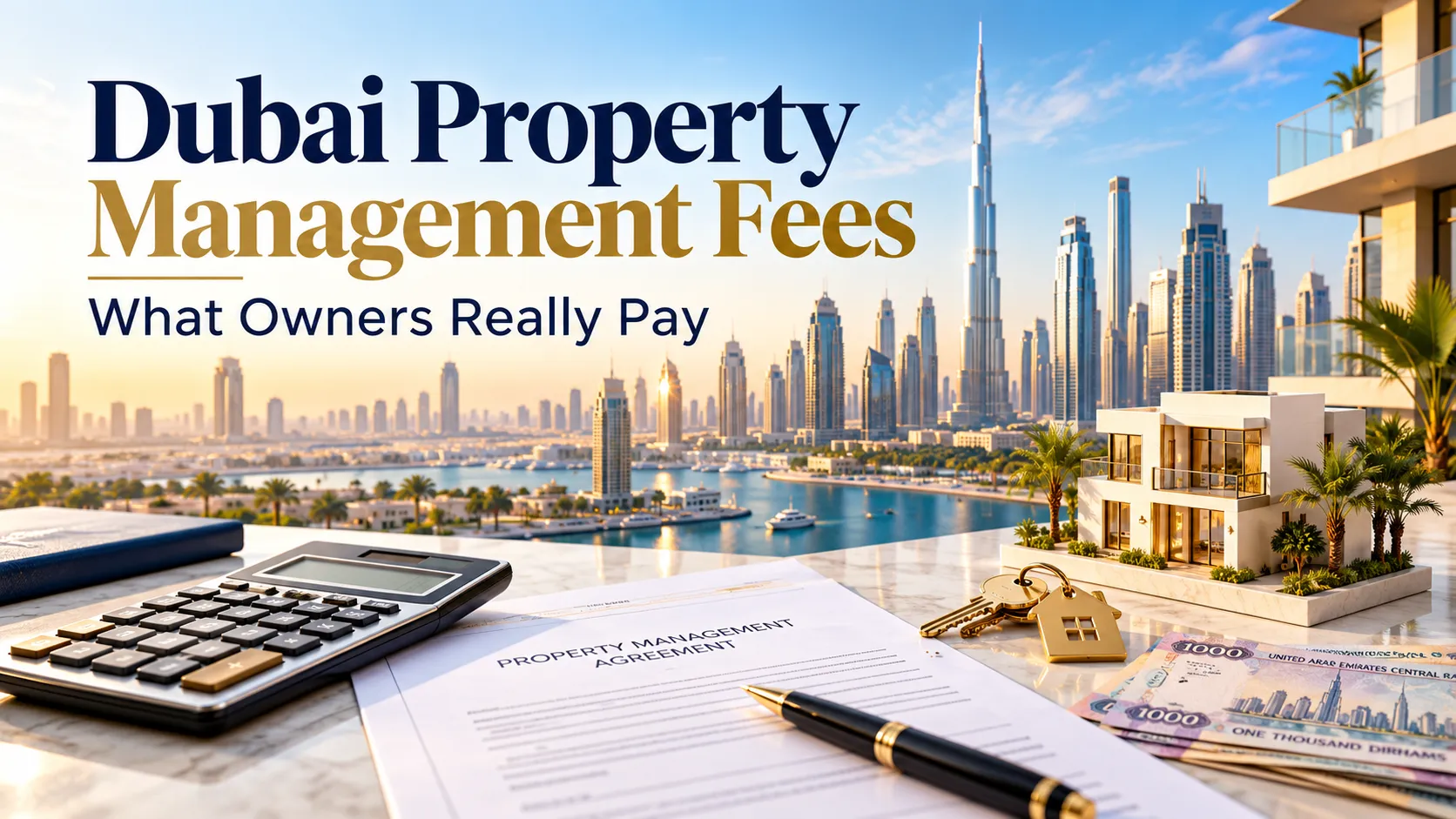 Dubai property management fees: calculator, house model and piggy bank on a blue background