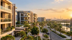 Meydan Dubai property: residential apartment buildings with balconies and palm trees in warm evening light