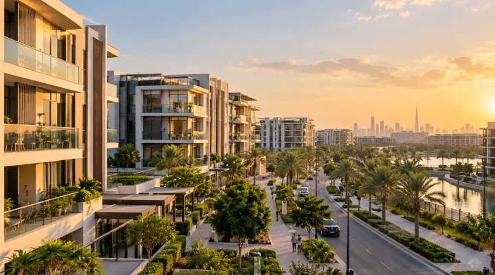 Meydan Dubai property: residential apartment buildings with balconies and palm trees in warm evening light