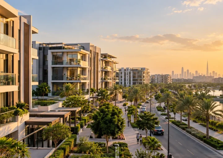 Meydan Dubai property: residential apartment buildings with balconies and palm trees in warm evening light