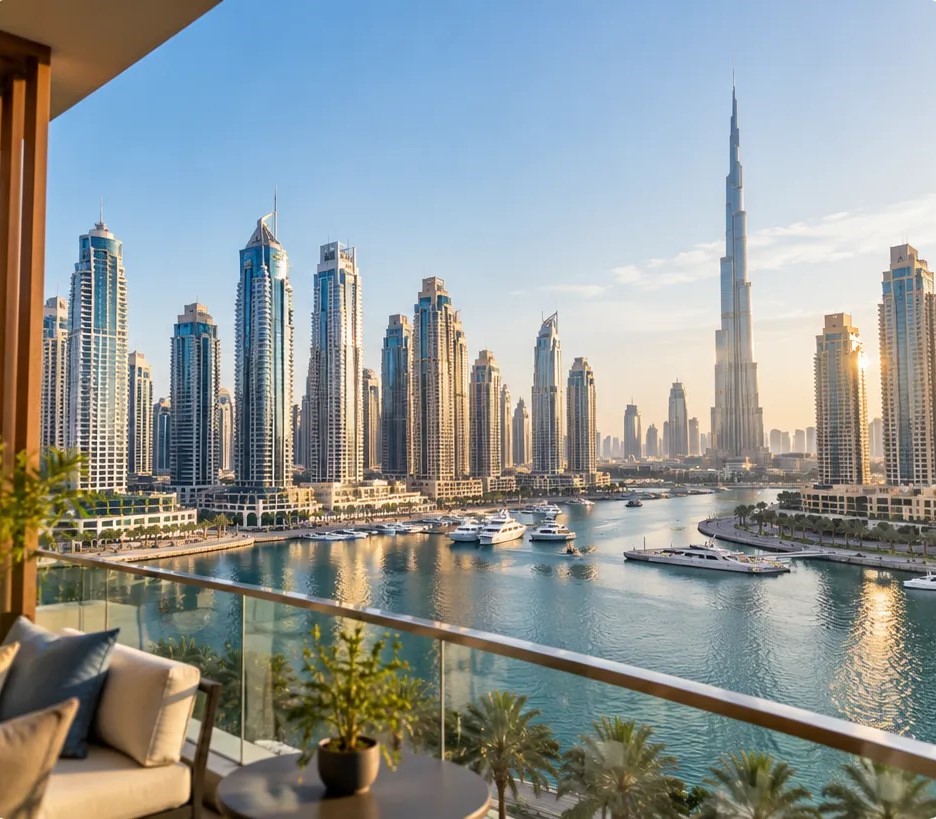 Buyer consultation with a Dubai skyline in the background