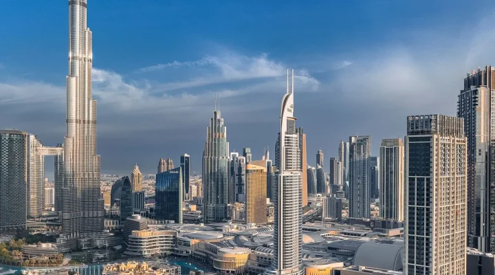 UAE economy forecast: Dubai skyline with the Burj Khalifa at sunset
