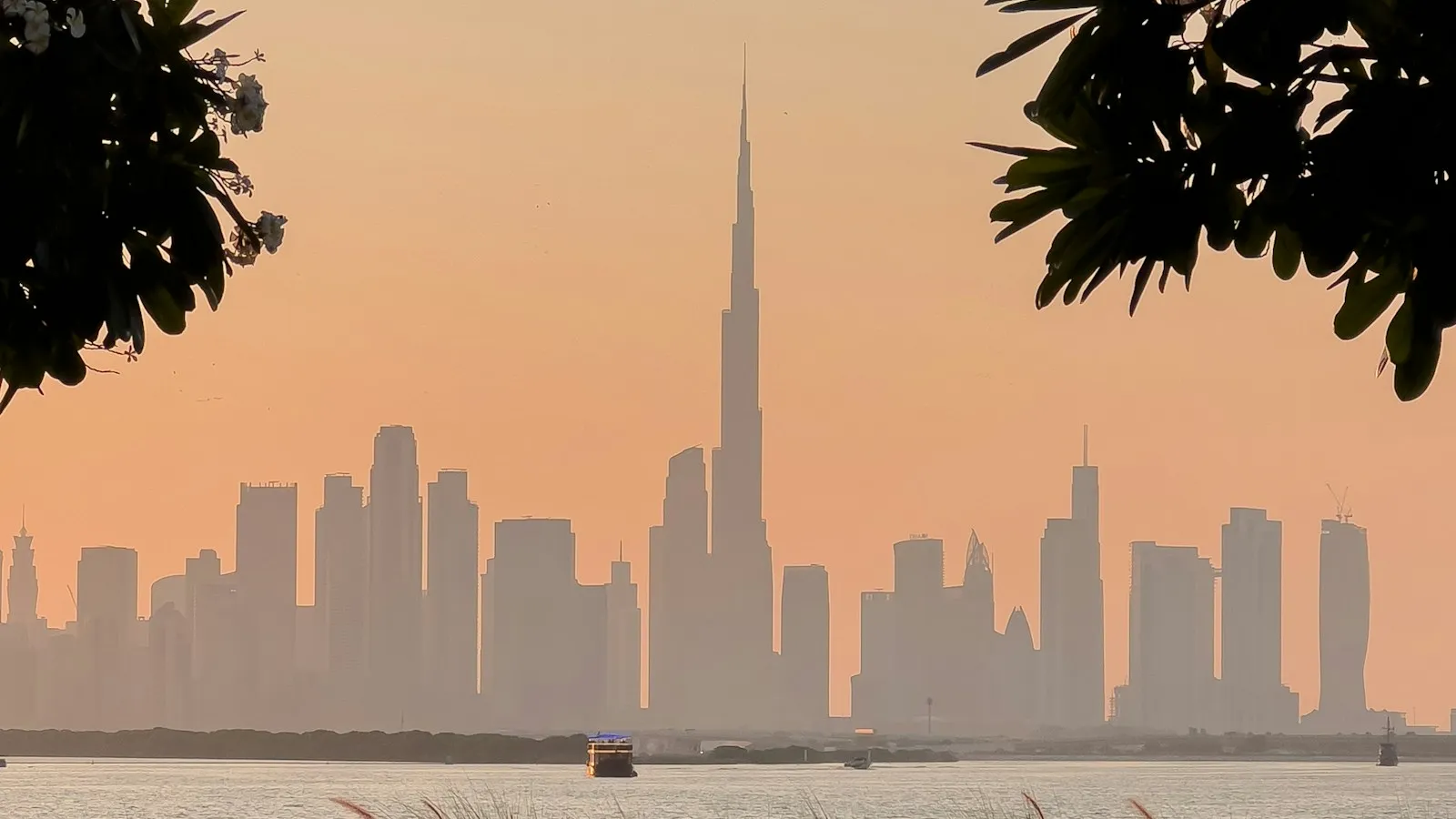 Waterfront view in Dubai Creek Harbour with the Burj Khalifa on the Dubai skyline
